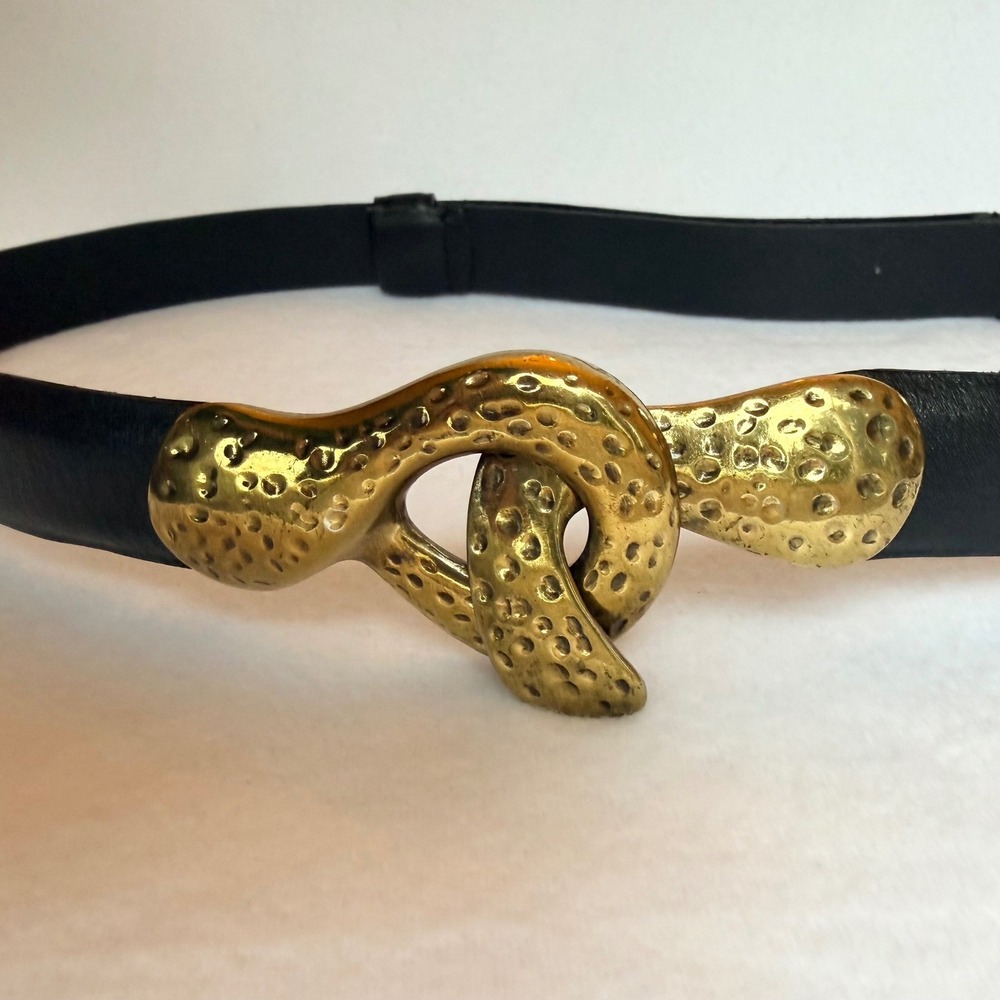 Chico's Black Leather Belt Women M/L Hammered Gold Hook Buckle Adjustable